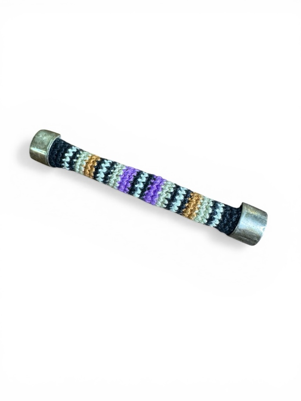 Woven Sterling Silver Bar Brooch Pin - Black, Purple, White & Gold Stripes